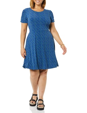 Amazon Essentials Women's Gathered Short Sleeve Crew Neck A-line Dress (Available in Plus Size)