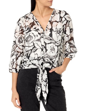 Adrianna Papell Women's Printed V-Neck Long Sleeve Top W/Tie Front