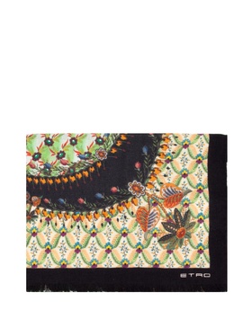 Floral-printed Fringed-hem Scarf