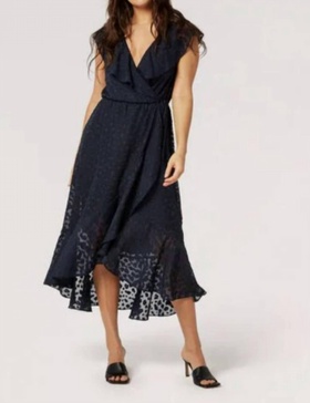 clouds ruffle faux wrap midi dress in navy