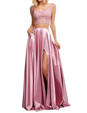 two-piece silk satin casual dress in rose