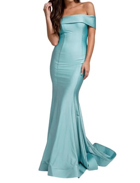 lycra off shoulder mermaid dress in light blue