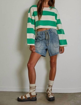 knit sweater striped crop top in green