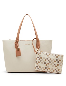 Anne Klein Womens Bonded Double Comp Tote with Pouch, Parchment