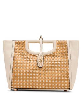 Anne Klein Womens Caning Cut-Out Metal Satchel with Convertible Strap, Parchment