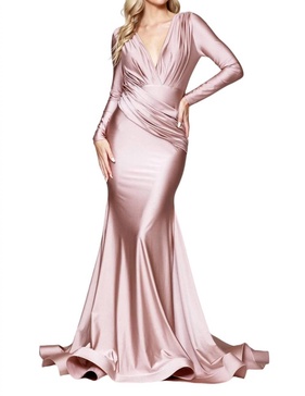 fitted long sleeve lycra gown in dusty rose