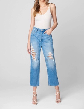 straight leg ripped jean in blue denim