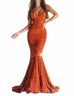strapless sequin mermaid dress. in burnt orange