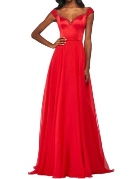 lace cap-sleeves chiffon prom dress in red