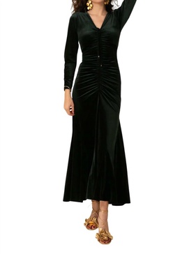 lya shirred velvet maxi dress in emerald