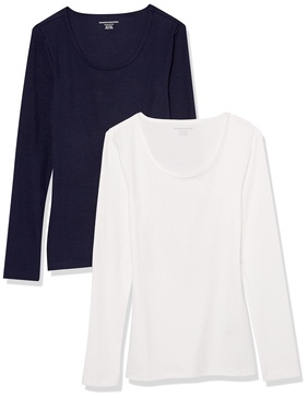 Amazon Essentials Sweater for Women, Long Sleeve Slim-Fit Rib Scoop Neck (Available in Plus Size), Pack of 2