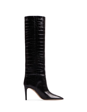 Charcoal Leather Stiletto Boots With Crocodile Print
