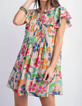 blossom ruffle sleeve short dress in natural