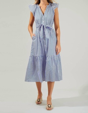 button midi dress in blue/white/stripe