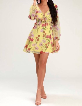 botanical bae floral print long sleeve dress in yellow