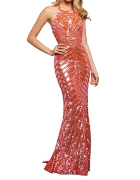 beaded column prom dress in coral/pink