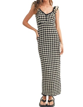 checkered crochet knitted ruffle sleeve dress in black/stone