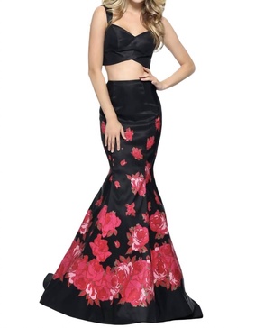 taffeta mermaid prom dress in black/red print