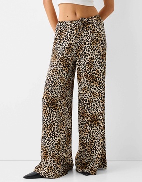 Bershka tie waist wide leg pants in leopard print