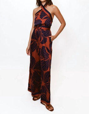 halter style wide leg jumpsuit in copper block print plumeria