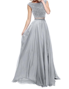two-piece chiffon cap prom dress in silver