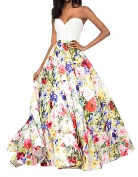 beaded corset bodice prom dress in ivory/print