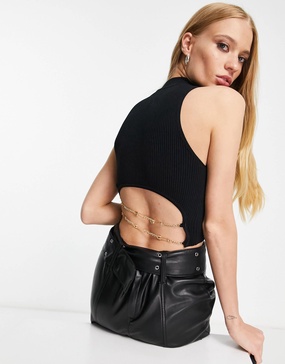 Bershka backless chain detail knit top in black