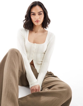 Bershka pointelle knit cardigan in ecru