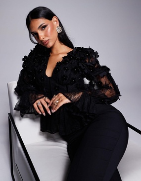 ASOS LUXE mesh floral off the shoulder long sleeve top with velvet flowers and pearl embellishment in black