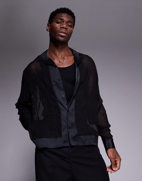 ASOS DESIGN oversized shirt with camp collar and embroidery in black