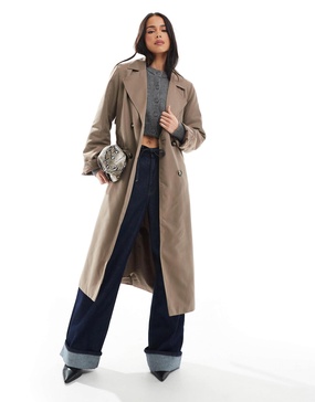 Pieces belted trench coat in lentil brown