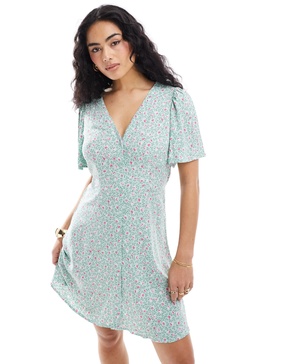 Vero Moda button up mini skater dress in mint green floral