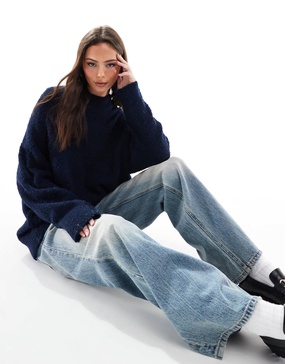 ASOS DESIGN crew neck oversized boucle sweater in navy