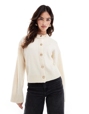 ASOS DESIGN crew neck cardigan with gold button detail in cream