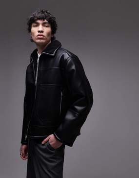 Topman faux leather shearling jacket with pocket detail in black