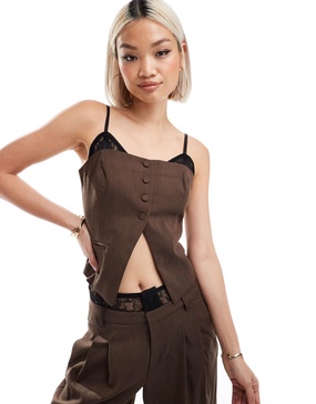 Bershka lace detail tailored vest in brown