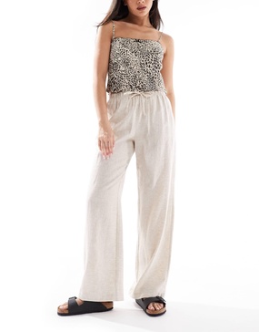 Bershka tie waist wide leg linen-rich pants in sand