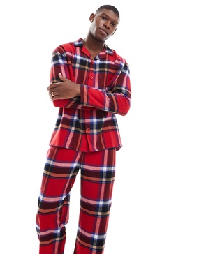 ASOS DESIGN pajama set with plaid shirt and bottoms in red