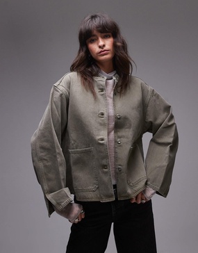 ARKET oversized denim shacket with high collar and front patch pockets in washed khaki green