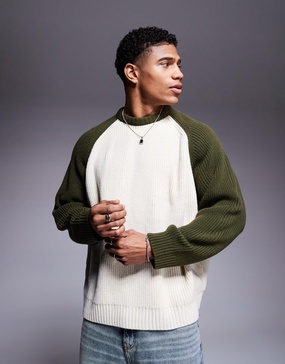 ASOS DESIGN super oversized boxy rib knit fisherman raglan sleeve sweater in dark green