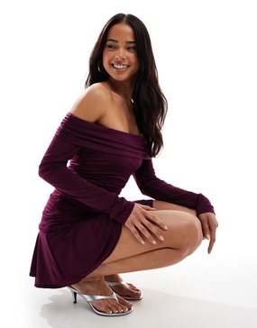 Bershka off-the-shoulder ruched detail mini dress in purple
