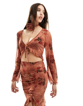 ASOS DESIGN crinkle mesh tie front top in floral print - part of a set