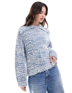 ASOS DESIGN knitted collar sweater with twist neppy yarn in blue