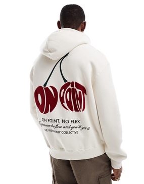 Bershka cherry On Point back printed hoodie in white