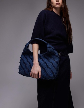 & Other Stories small denim tote bag with fringe in midwash blue