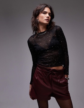 Mango embellished mesh long sleeve top in black