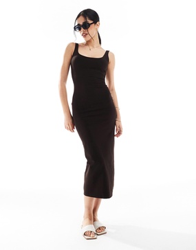 Bershka square neck midaxi dress in brown