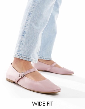 ASOS DESIGN Wide Fit Lottie Mary Jane Ballet flats in Pink satin