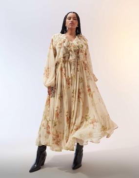 ASOS EDITION Curve chiffon raw edge ruffle maxi dress with drawstring waist in cream floral print