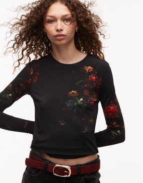 AllSaints Katlyn long sleeve mesh top in black floral